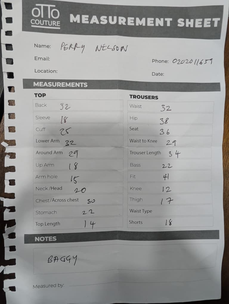 Real Otto Couture measurement sheet scanned by AI